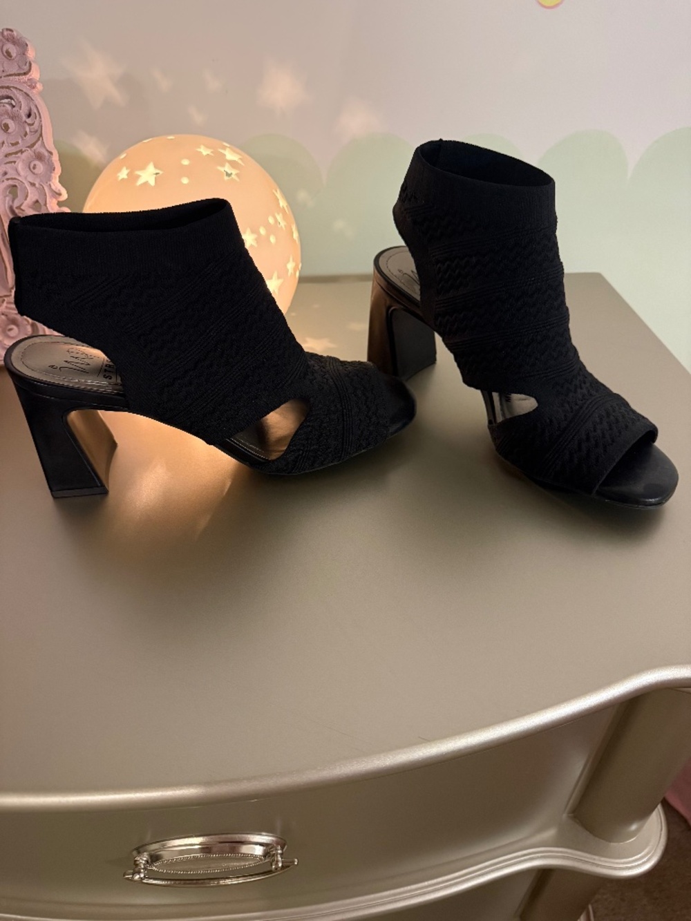 Impo Stretch Black Knit Open Toe Ankle Bootie Heels Size 7.5